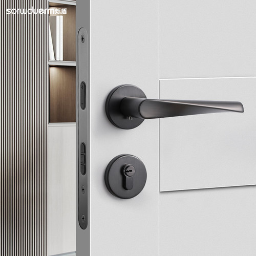 烁盾黑灰色现代门锁室内木门房门锁卧室静音磁吸分体锁家用门把手 - 图2