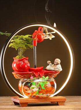 小型陶瓷招财流水摆件金鱼缸玻璃乌龟缸客厅家用办公室桌面送礼品