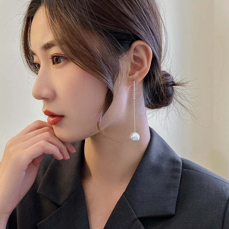 925银针长款珍珠耳环女2021年新款潮耳坠女韩国时尚气质网红耳饰