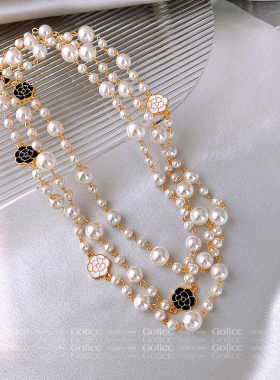 山茶花秋冬超长款叠戴珍珠项链女