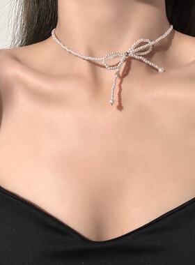 蝴蝶结珍珠锁骨链女超仙颈链