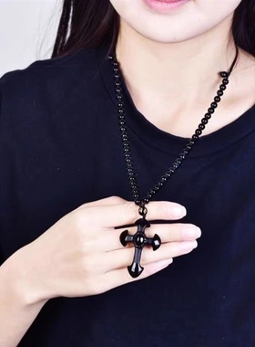 天然黑曜石十字架吊坠玉石 男女款挂坠项链时尚挂件礼物