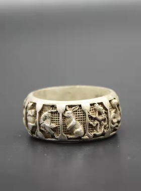古玩仿古藏银扳指十二生肖款式指环戒指复古民族风