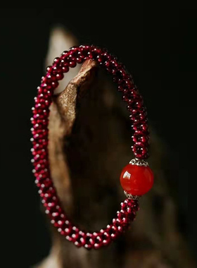 天然石榴石手链手工编织 红玛瑙 红玛瑙珠手链 男女礼物