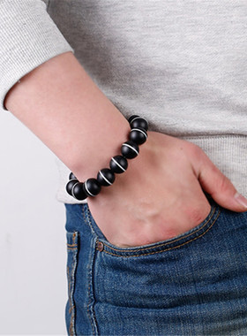 天然黑玛瑙手链 一线天款天珠玛瑙手串 黑缠丝玛瑙手串