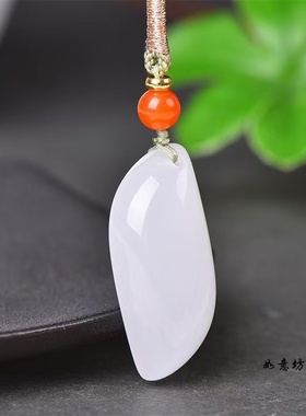 天然白玉柳叶形吊坠 女款金枝玉叶长形玉石挂件白玉项坠项链
