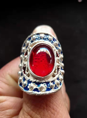 古玩仿古藏银扳指景泰蓝镶嵌红绿宝石款式指环