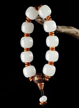 天然金丝玉桶珠手链 白玉石英岩玉老型珠手链