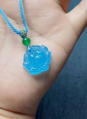 天然蓝玛瑙莲花吊坠玉髓莲花吊坠荷花玉佩项链女士玉石玉坠