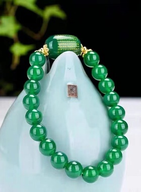 天然绿玛瑙心经手链桶珠 绿玉髓佛经手链圆珠