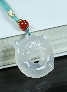 天然冰种玛瑙招财猫吊坠 卡通猫玉石吊坠高冰玉髓如意猫吊坠项链