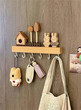 钥匙收纳玄关摆件壁挂式免打孔收纳架榉木挂钩中古风门口墙上装饰