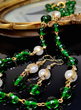 琉璃异形套装项链毛衣链青岛vintage饰品珍珠绿色新款中古耳饰