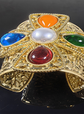 手镯开口珍珠琉璃夸张个性中古首饰复古流行青岛饰品手工琉璃