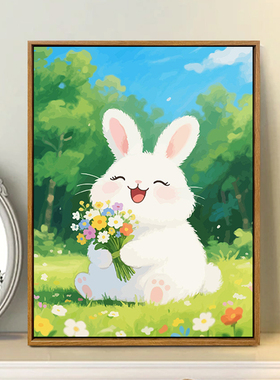 可爱兔子治愈系手绘涂色装饰画