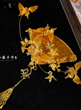 新款新娘头饰金色花朵蝴蝶流苏团扇龙凤褂旗袍配饰拍照高级感团扇