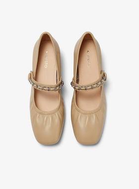 百思图23秋商场新款时尚法式玛丽珍鞋软羊皮中粗跟女单鞋KC169CQ3