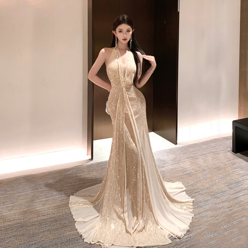 新娘婚礼订婚晚宴生日超仙法式亮片婚纱高级晚礼服香槟色金色 - 图3