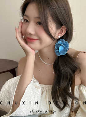花朵蓝色发绳牛仔发圈小香风