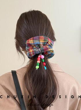 彩虹格子大肠发圈超大头绳皮筋