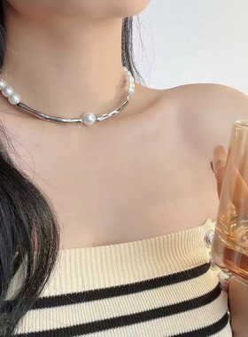 2026几何弧形拼接珍珠项链女颈链轻奢小众设计高级锁骨链新款爆款