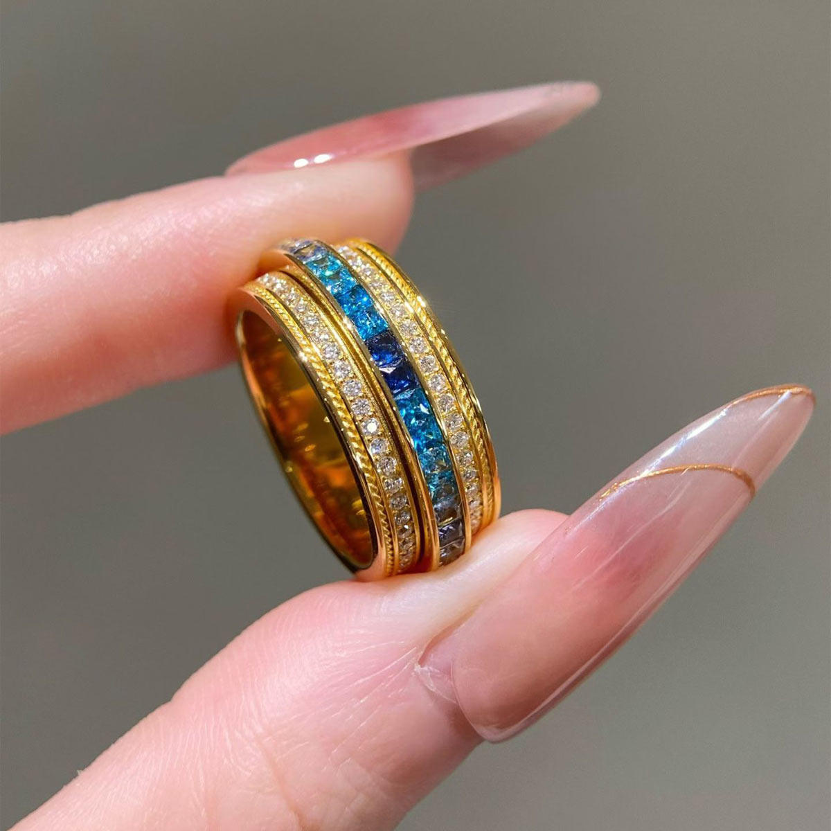 999 Pure Gold Rainbow Gradient Gold Fortune Ring Gold Ring Light Luxury Fashion Exquisite Versatile Gift for Your Girlfriend