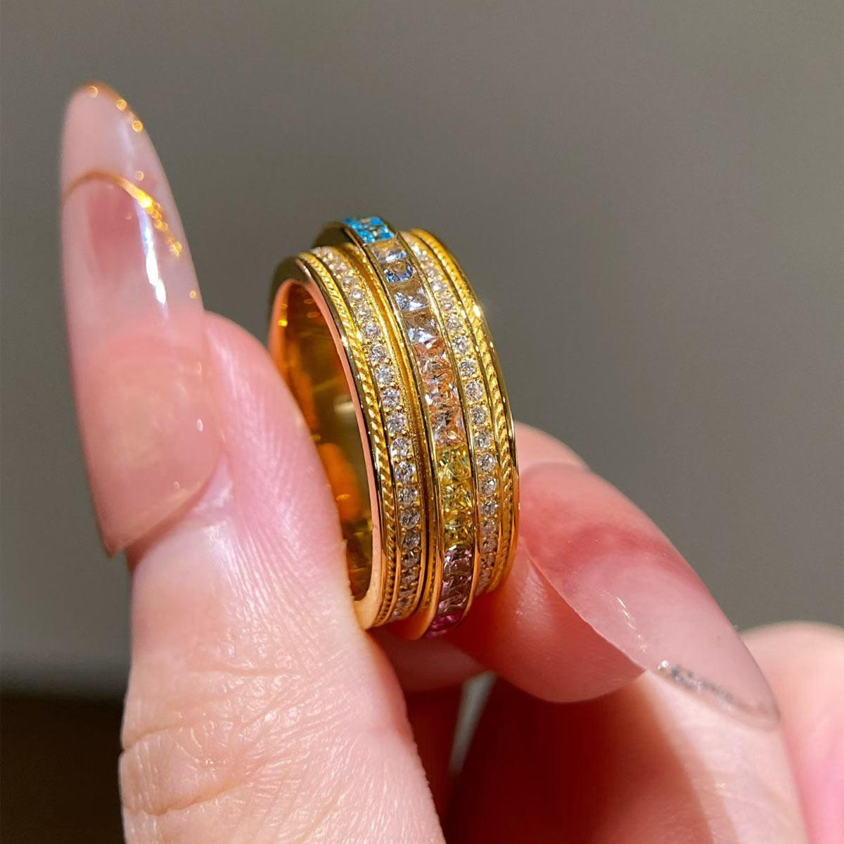 999 Pure Gold Rainbow Gradient Gold Fortune Ring Gold Ring Light Luxury Fashion Exquisite Versatile Gift for Your Girlfriend