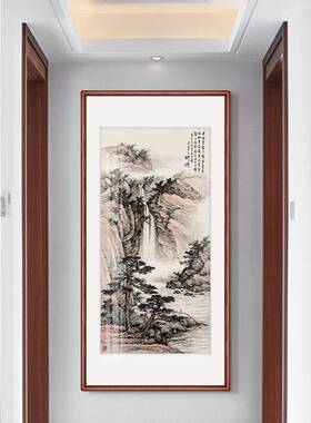 高山流水瀑布画新中式玄关装饰画山水画走廊过道壁画竖版挂画