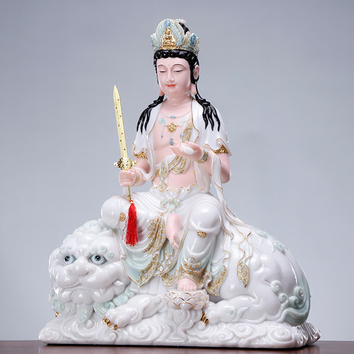 涛羽 文殊普贤佛像 汉白玉石雕文殊普贤菩萨华严三圣居家敬奉摆件 - 图1