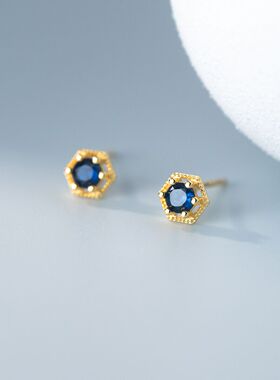 Hexagonal Simple Diamond Stud Earrings Women's Small Blue