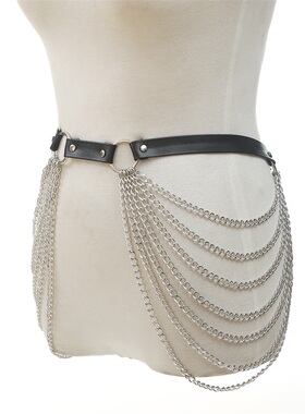 Punk Black Waist Chain Belt Leather Layered Belly Body