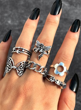 Hiphop Flower Butterfly Rings Set for Women Men Retro Punk