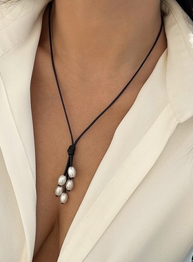 Ethnic Wax Line Imitation Pearl Tassel Pendant Necklace