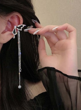 Korean Black Liquid Butterfly Pearl Tassel Ear Cuff Female