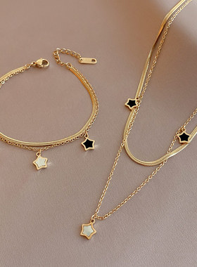 Womens Stainless Steel Double Chain Star Pendant Bracelet