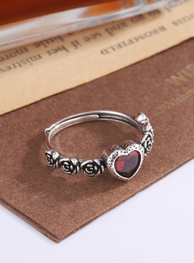 Retro Thai silver old rose love ring female simple fashion