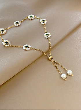 French Retro Green Crystal Pearl Flower Bracelets for Woman
