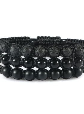 Men Black Bracelet Natural Stone Onyx Lava Beaded Braided