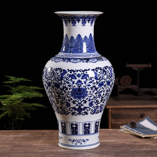 陶瓷手绘青花花瓶景德镇中式缠枝莲大花瓶酒店客厅中式摆件工艺品 - 图0