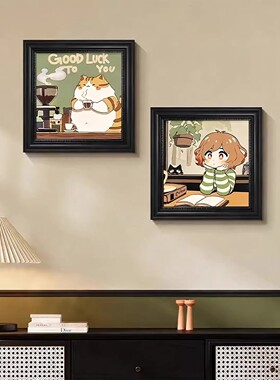 卡通猫咪美式复古客厅装饰画沙发背景墙小众挂画中古风咖啡店壁画