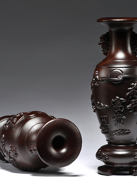 黑檀木雕花瓶摆件客m厅实木质中式花开富贵家居装饰红木花瓶工艺