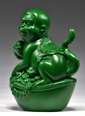 绿色木雕猴子摆件三合装饰工艺品