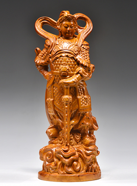 香樟木雕伽蓝韦陀左右护法像摆件