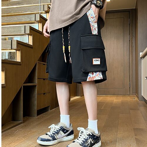 新中式工装短裤男夏季宽松刺绣五分裤男士潮牌设计感运动休闲裤子 - 图0