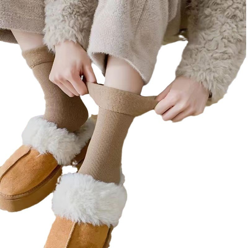 雪地袜子女秋冬款中筒袜加绒加厚保暖长筒袜睡眠地板长袜冬季女士
