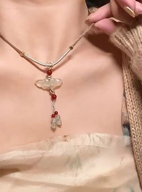 莲花玉石吊坠编绳项链女新中式古风旗袍装饰国风汉服马面裙配饰品