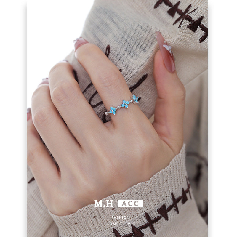 Fresh blue flower ring for women, light luxury, retro temperament, fashionable and versatile, high-end index finger ring jewelry wholesale