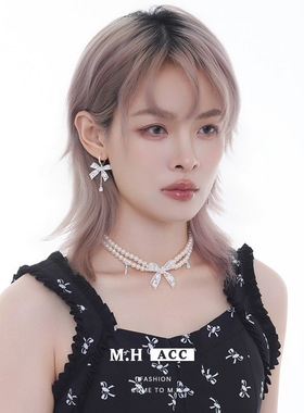 蕾丝蝴蝶结双层叠戴珍珠项链女原创设计甜美气质高级感choker颈链
