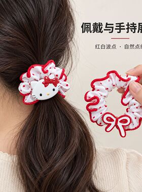 红色蝴蝶结猫咪波点发圈头绳小女