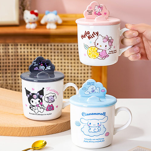 hellokitty创意陶瓷马克杯带盖手机支架杯女家用可爱卡通喝水杯子 - 图0